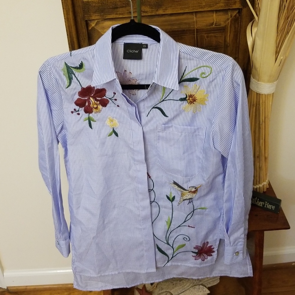 Blue and white striped button down top